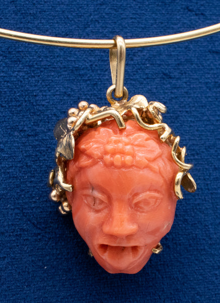 Spritzer And Fuhrmann 18Kt Gold Pendant With Bacchus Head Carved In Coral