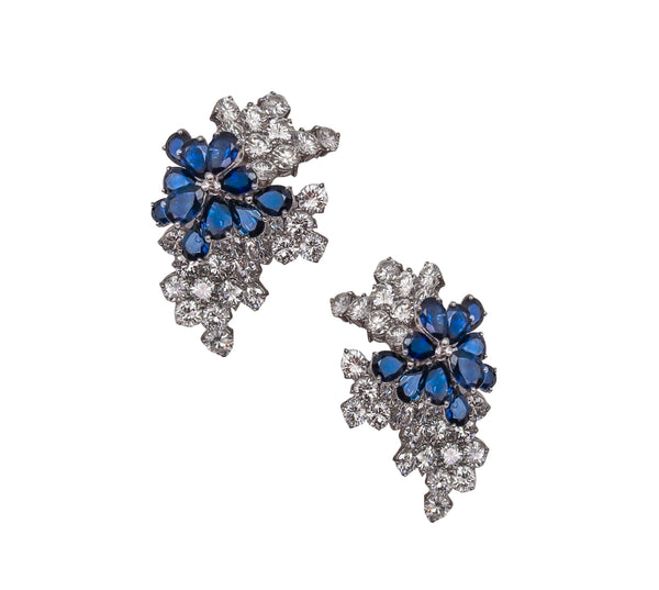 LOST Fendler Of Paris 1960 Gem Cluster Clips Earrings In Platinum With 22.67 Cts In Diamonds And Sapphires.