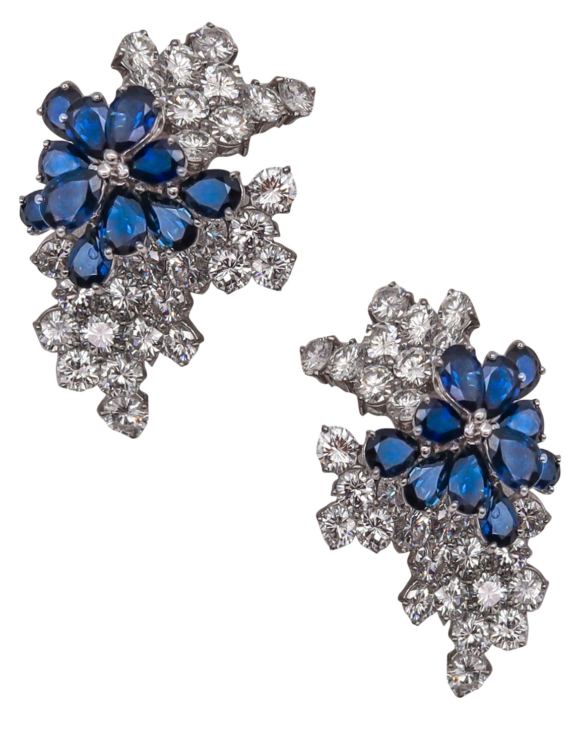 LOST Fendler Of Paris 1960 Gem Cluster Clips Earrings In Platinum With 22.67 Cts In Diamonds And Sapphires.