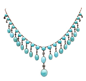 Victorian 1870 Gorgeous Festoon Drop Necklace In 18Kt Yellow Gold With 96.65 Cts In Turquoises & Diamonds