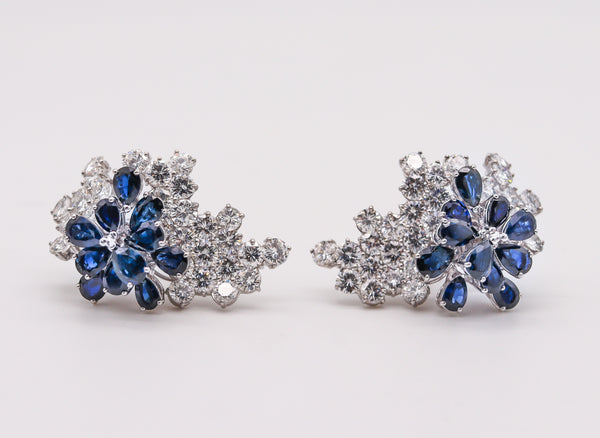 LOST Fendler Of Paris 1960 Gem Cluster Clips Earrings In Platinum With 22.67 Cts In Diamonds And Sapphires.