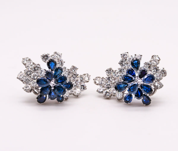 LOST Fendler Of Paris 1960 Gem Cluster Clips Earrings In Platinum With 22.67 Cts In Diamonds And Sapphires.