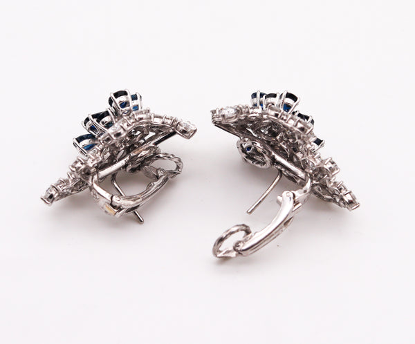 LOST Fendler Of Paris 1960 Gem Cluster Clips Earrings In Platinum With 22.67 Cts In Diamonds And Sapphires.