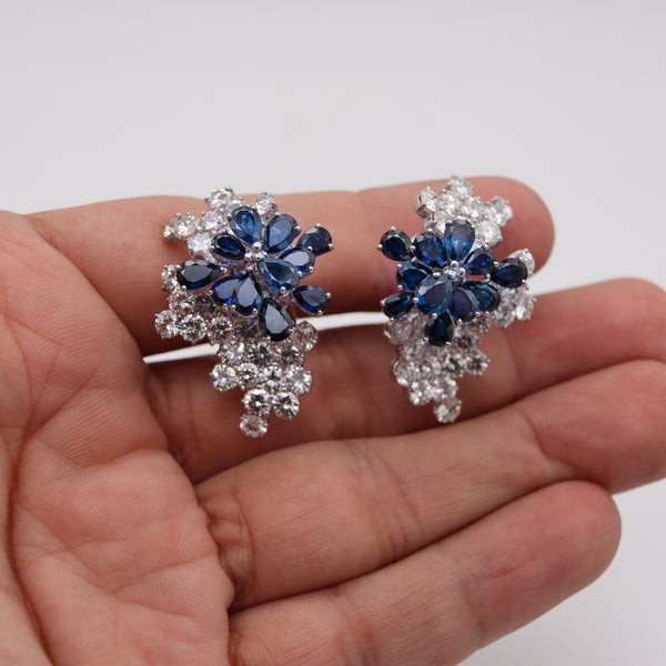 LOST Fendler Of Paris 1960 Gem Cluster Clips Earrings In Platinum With 22.67 Cts In Diamonds And Sapphires.