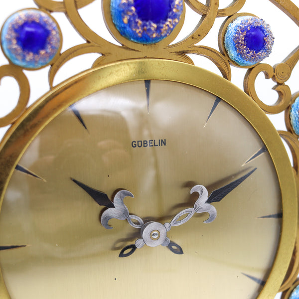 Gubelin Swiss 1960 Retro Modernist 8 Days Desk Clock In Gilded Bronze And Enamel
