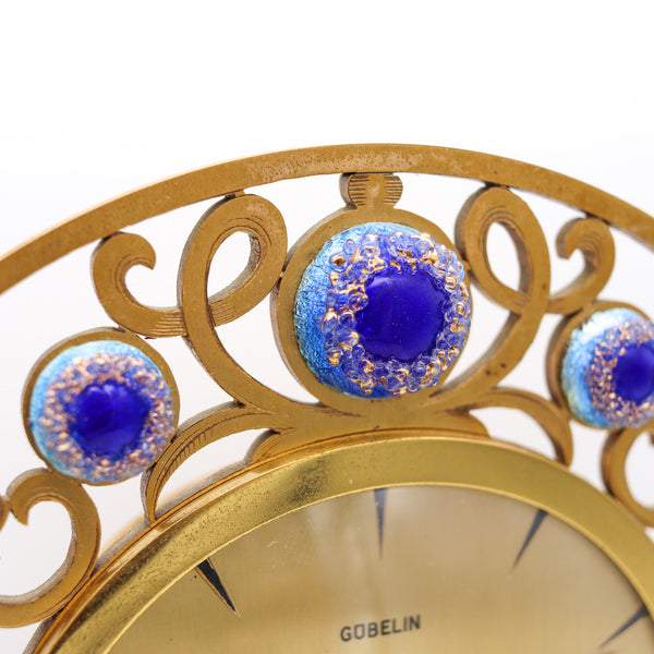 Gubelin Swiss 1960 Retro Modernist 8 Days Desk Clock In Gilded Bronze And Enamel