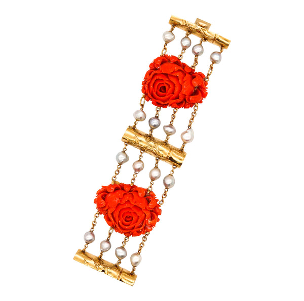 Seaman Schepps 1970 New York Rare Bracelet In 18Kt Gold With Red Coral And Pearls