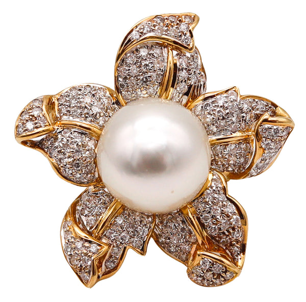 Contemporary South Sea Pearl Cocktail Ring In 18Kt Yellow Gold With 1.77 Ctw In Diamonds