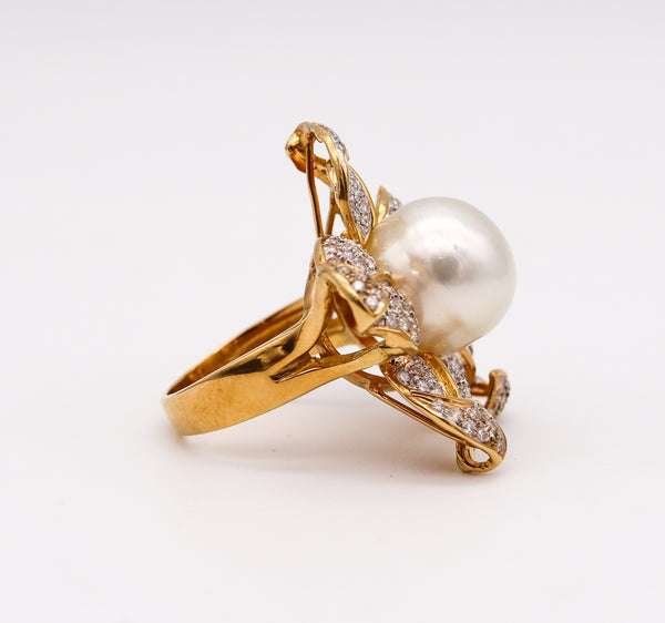 Contemporary South Sea Pearl Cocktail Ring In 18Kt Yellow Gold With 1.77 Ctw In Diamonds