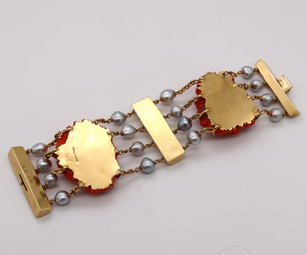 Seaman Schepps 1970 New York Rare Bracelet In 18Kt Gold With Red Coral And Pearls