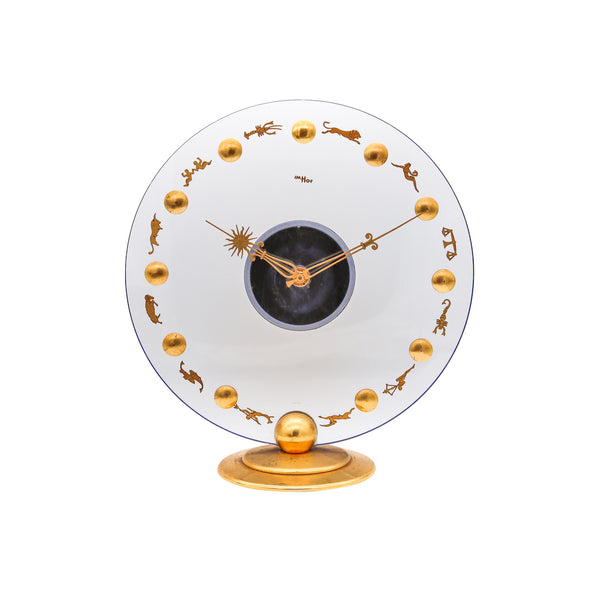 Imhof Swiss 1950 Zodiacal Modernist 8 Days Desk Clock In Gilded Bronze And Glass