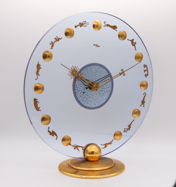 Imhof Swiss 1950 Zodiacal Modernist 8 Days Desk Clock In Gilded Bronze And Glass