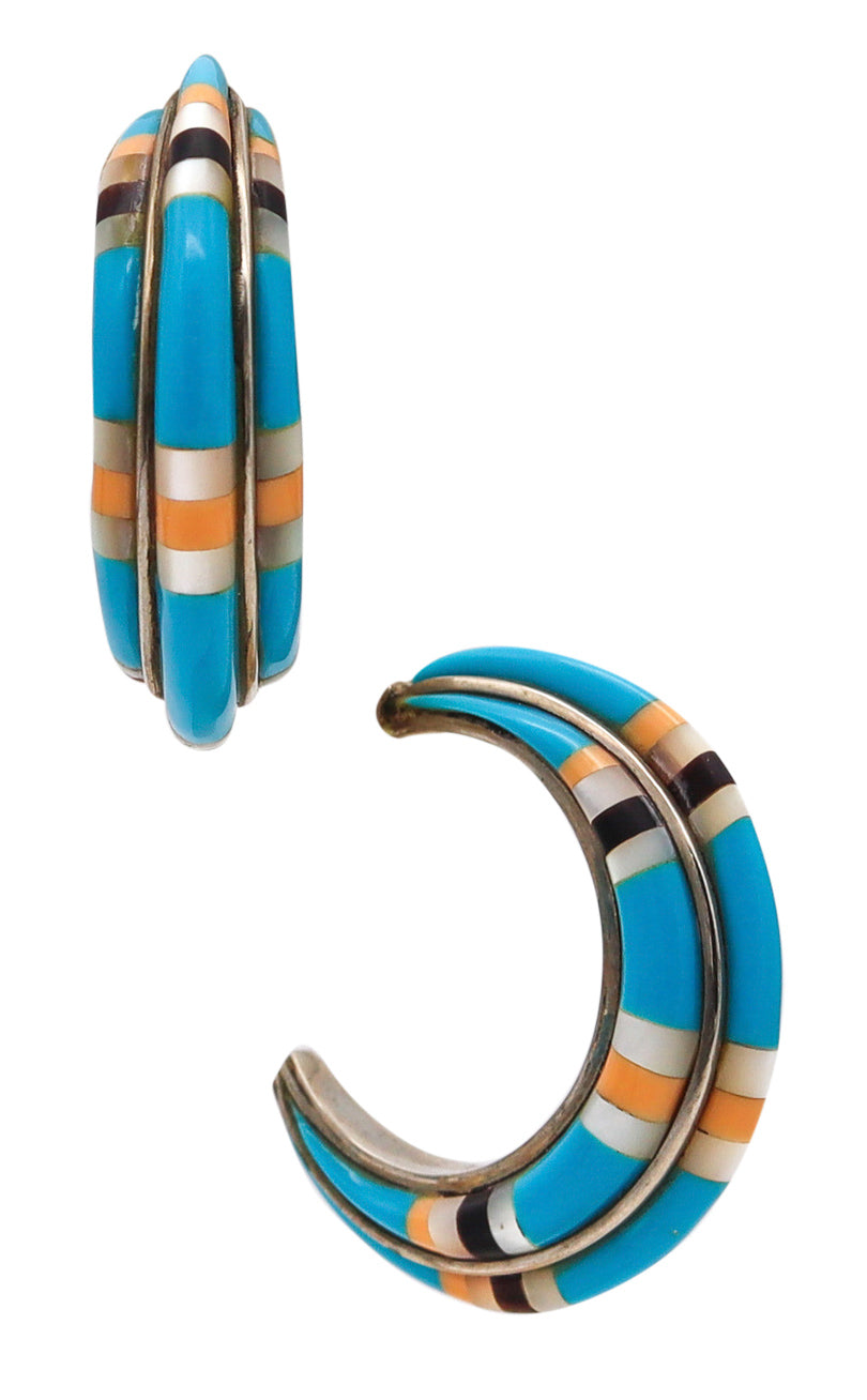 Native American 1970 Navajo Hoops Earrings In .935 Sterling Silver With Turquoises