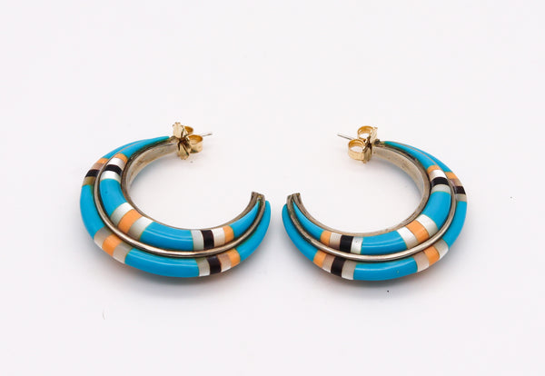 Native American 1970 Navajo Hoops Earrings In .935 Sterling Silver With Turquoises