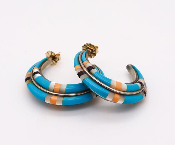 Native American 1970 Navajo Hoops Earrings In .935 Sterling Silver With Turquoises