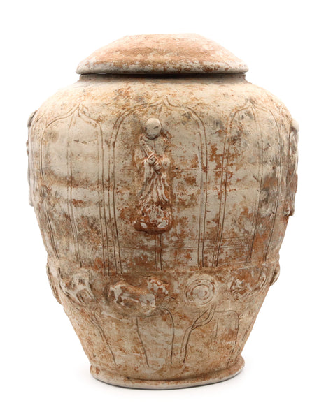 *China 907-979 AD Antiquity Five Dynasties Period offering covered pottery vessel with lotus & monks