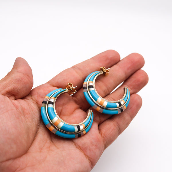 Native American 1970 Navajo Hoops Earrings In .935 Sterling Silver With Turquoises