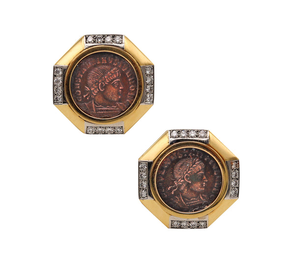 -Ancient Roman 330 AD Ancient Coin Earrings In 18Kt Gold And Platinum With Diamonds And Constantine