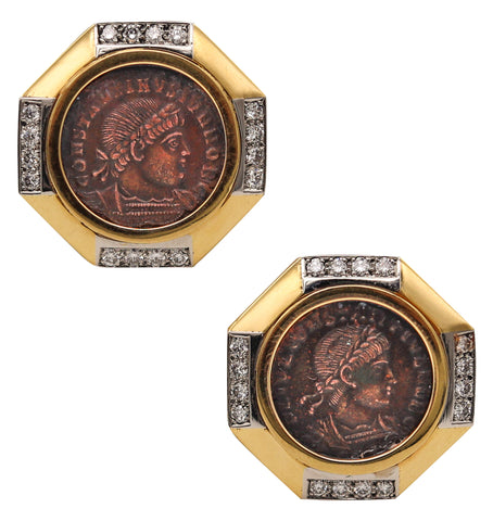 ANCIENT ROME 330-AD Constantine Coin Earrings In 18Kt Gold, Platinum & Diamonds