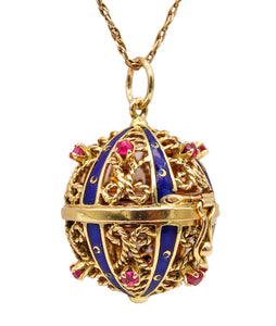 Italian 1960 Enameled Spherical Box Pendant With Picture Frames In 18Kt Gold And Rubies