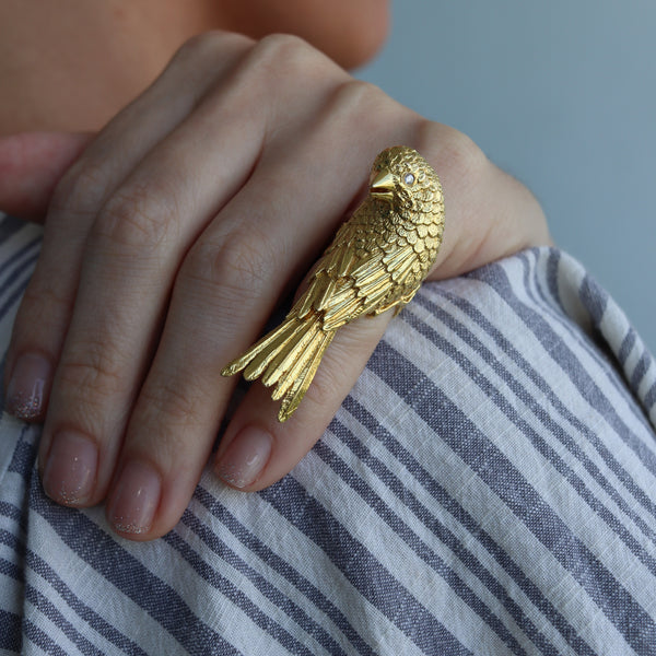 Rebecca Koven Sculptural Parakeet Bird Ring In Solid 18Kt Yellow Gold