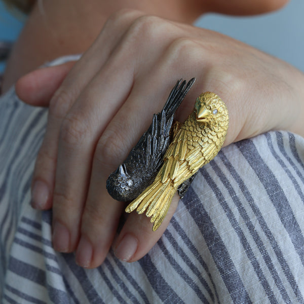 Rebecca Koven Sculptural Parakeet Bird Ring In Solid Rhodium Plate Sterling And Diamonds