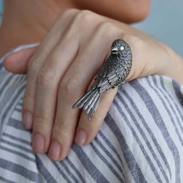 Rebecca Koven Sculptural Parakeet Bird Ring In Solid Rhodium Plate Sterling And Diamonds