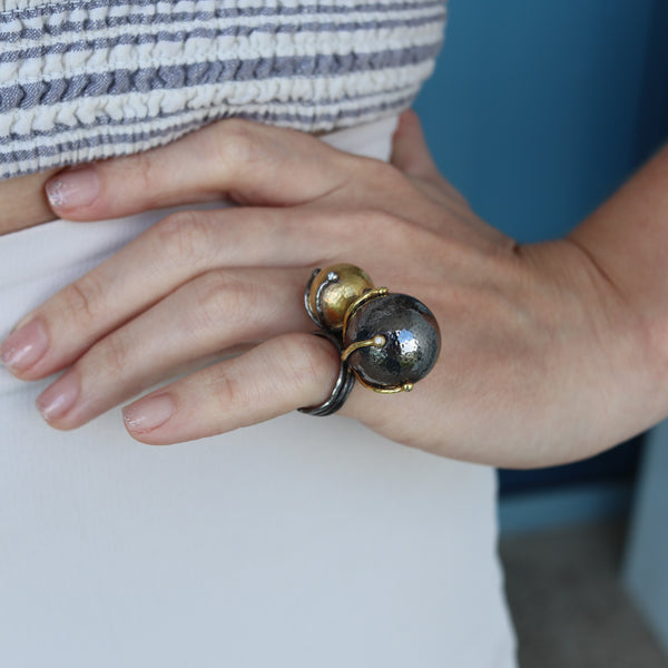 Rebecca Koven Moon And Earth Cocktail Ring In 18Kt Yellow Gold Rhodium Sterling And Diamonds