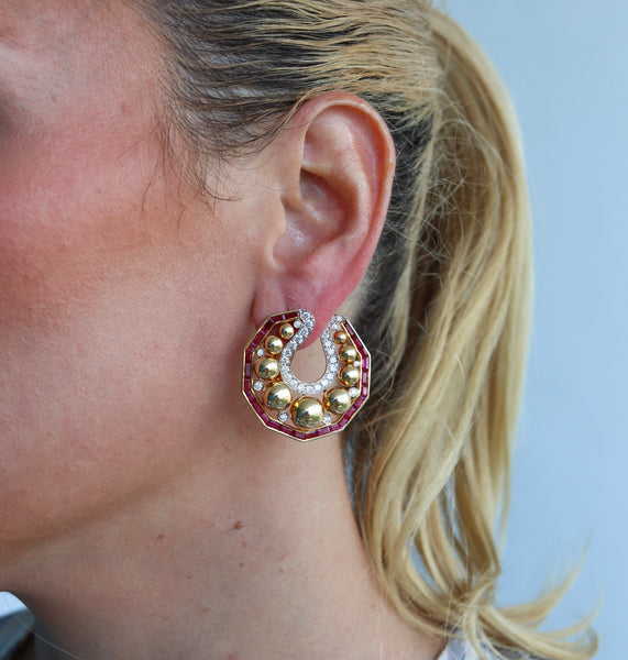 Rebecca Koven Clip On Earrings In 18Kt Gold With 11.30 Ctw In Diamonds And Rubies