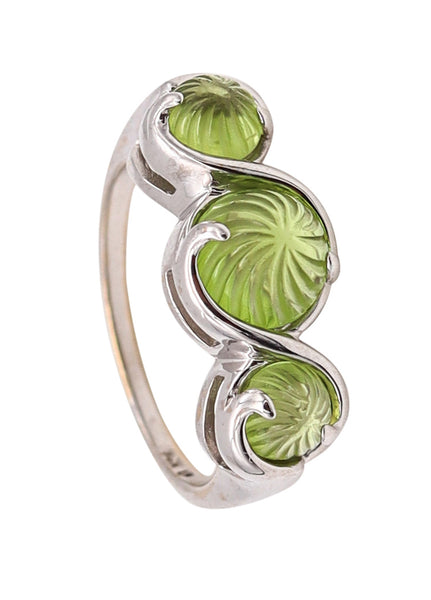 Italian Modern Cocktail Ring In 14Kt Gold With 4 Cts In Fluted Carved Peridots