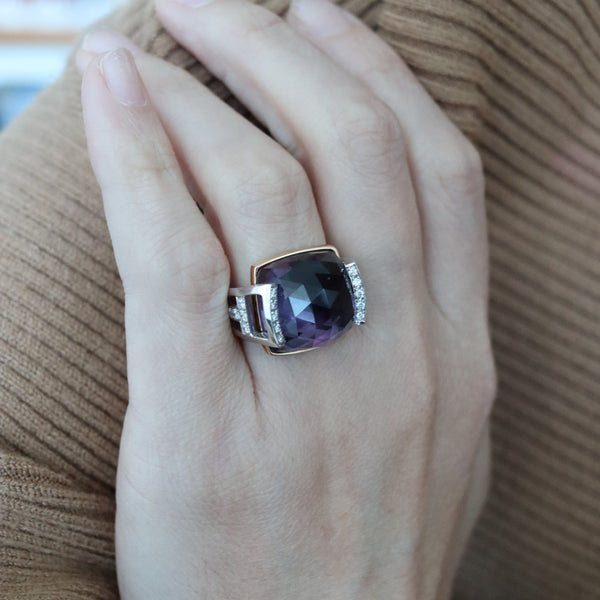 Salavetti Italy Geometric Cocktail Ring In 18Kt White Gold With 23.51 Cts In Diamonds And Amethyst