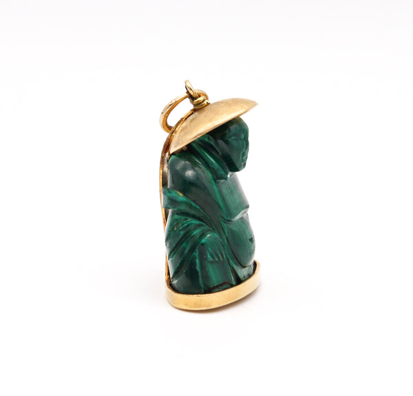 Italian 1960 Mid Century Carved Buddha Pendant In Malachite Mount In 18Kt Yellow Gold