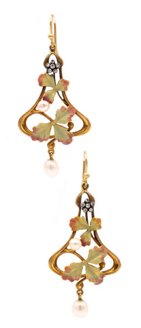 ART NOUVEAU 1910 DROP EARRINGS WITH ENAMEL DIAMONDS & NATURAL PEARLS