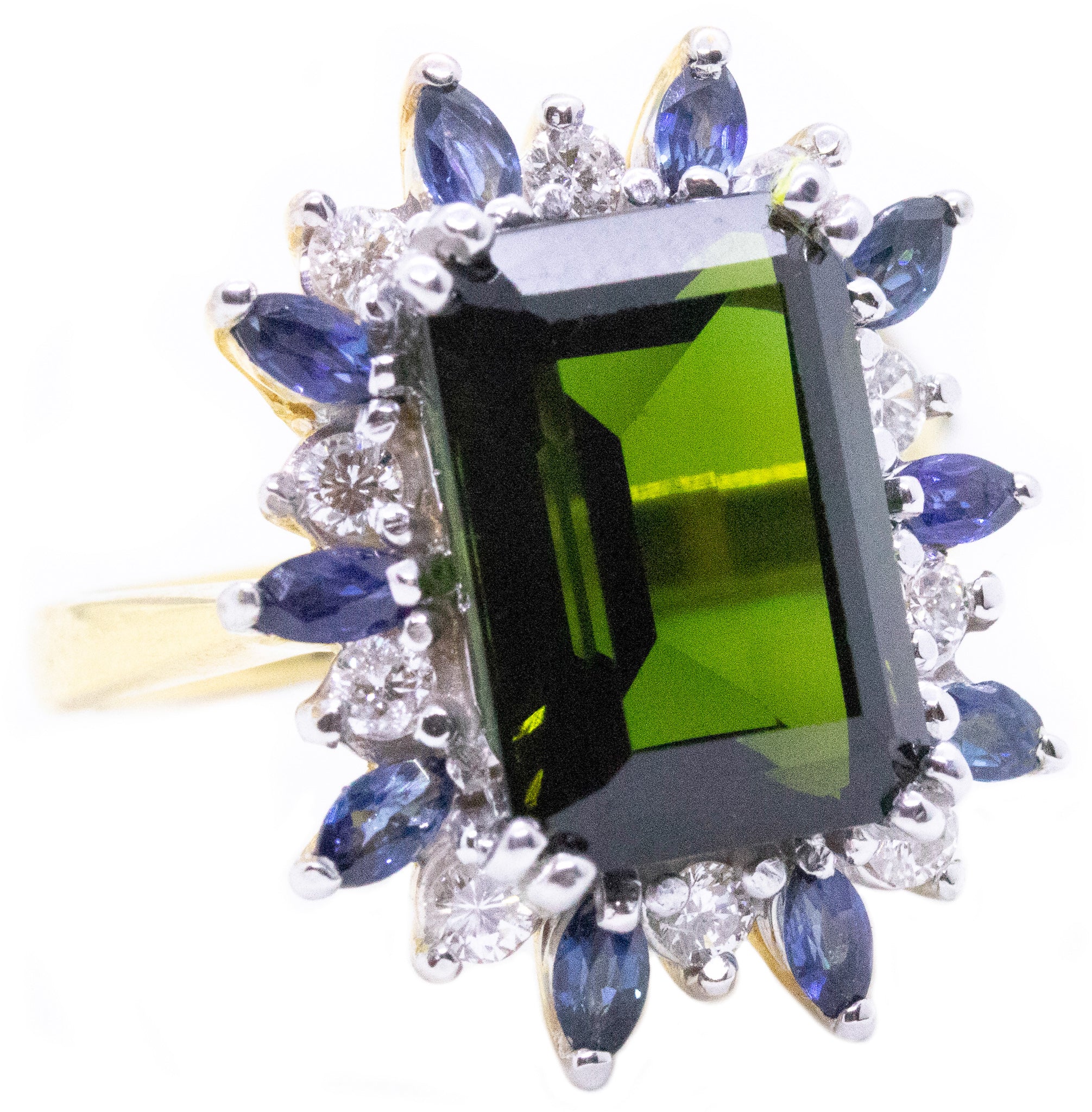 GREEN TOURMALINE, DIAMONDS & SAPPHIRES 14 KT YELLOW GOLD RING