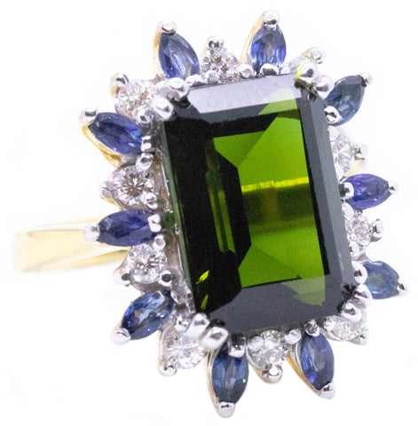 GREEN TOURMALINE, DIAMONDS & SAPPHIRES 14 KT YELLOW GOLD RING