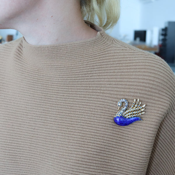 -Modernist 1970 Enameled Swan In 18Kt Gold With 5.52 Ctw In Sapphires And Diamonds