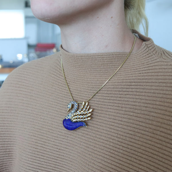 -Modernist 1970 Enameled Swan In 18Kt Gold With 5.52 Ctw In Sapphires And Diamonds