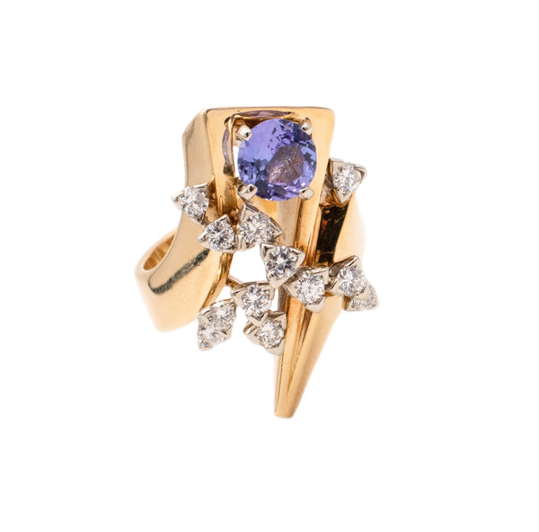 WACHLER & SONS MODERN RING IN 18 KT YELLOW GOLD  2.01 Ctw IN DIAMONDS AND TANZANITE