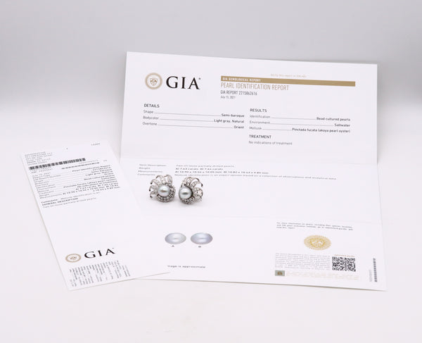 (S)Platinum 1940 Art Deco Earrings With 2 Gia Certified Pearls And 3.15 Cts In Diamonds