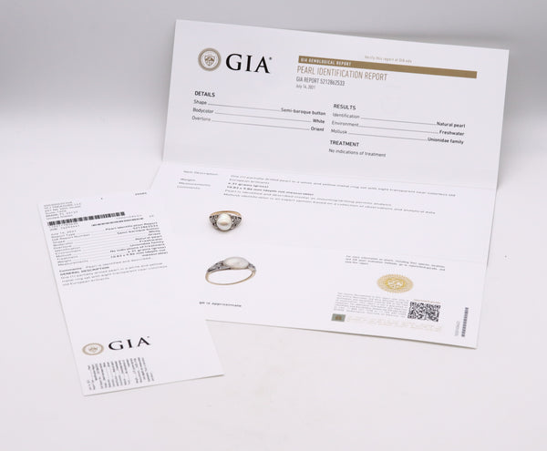 *Gia certified Edwardian 1910 platinum & 18 kt gold ring with natural pearl and diamonds