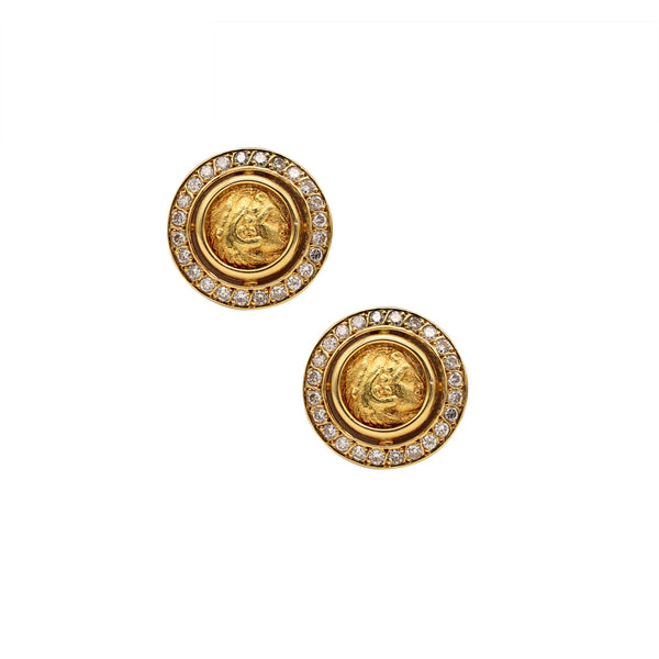 Ancient Greek 359 BC Classic Gold Coins Earrings In 18Kt Gold With 2.42 Cts In VS Diamonds