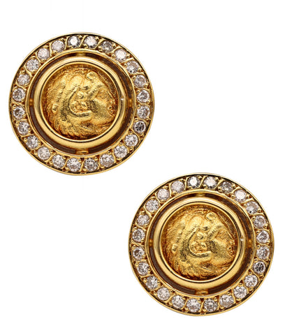 Ancient Greek 359 BC Classic Gold Coins Earrings In 18Kt Gold With 2.42 Cts In VS Diamonds