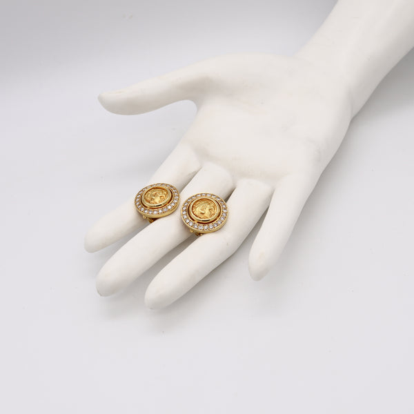 Ancient Greek 359 BC Classic Gold Coins Earrings In 18Kt Gold With 2.42 Cts In VS Diamonds