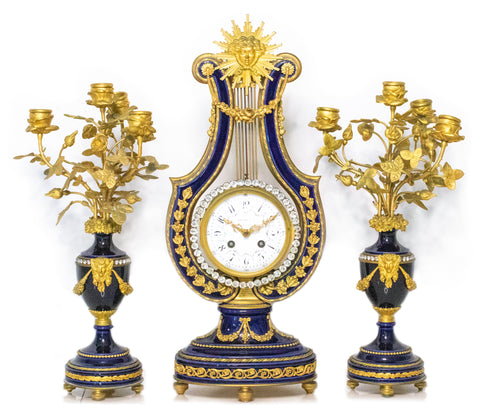 TIFFANY & CO. 1890 FRANCE SEVRES MANTLE CLOCK SUITE IN BLUE PORCELAIN WITH ORMOLU