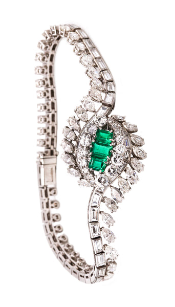 Art Deco 1940 Gia Certified Platinum Bracelet With 16.62 Cts In Diamonds And Colombian Emeralds