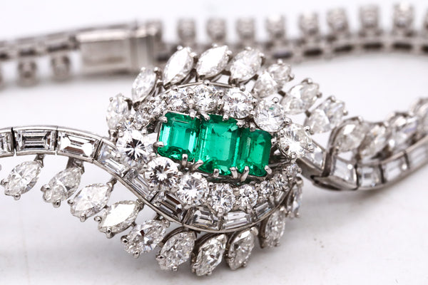 Art Deco 1940 Gia Certified Platinum Bracelet With 16.62 Cts In Diamonds And Colombian Emeralds