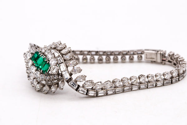 Art Deco 1940 Gia Certified Platinum Bracelet With 16.62 Cts In Diamonds And Colombian Emeralds