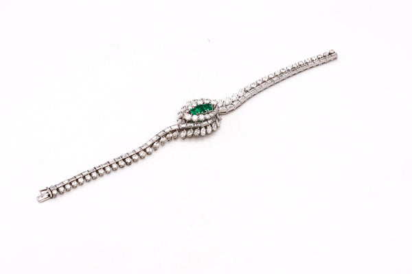 Art Deco 1940 Gia Certified Platinum Bracelet With 16.62 Cts In Diamonds And Colombian Emeralds