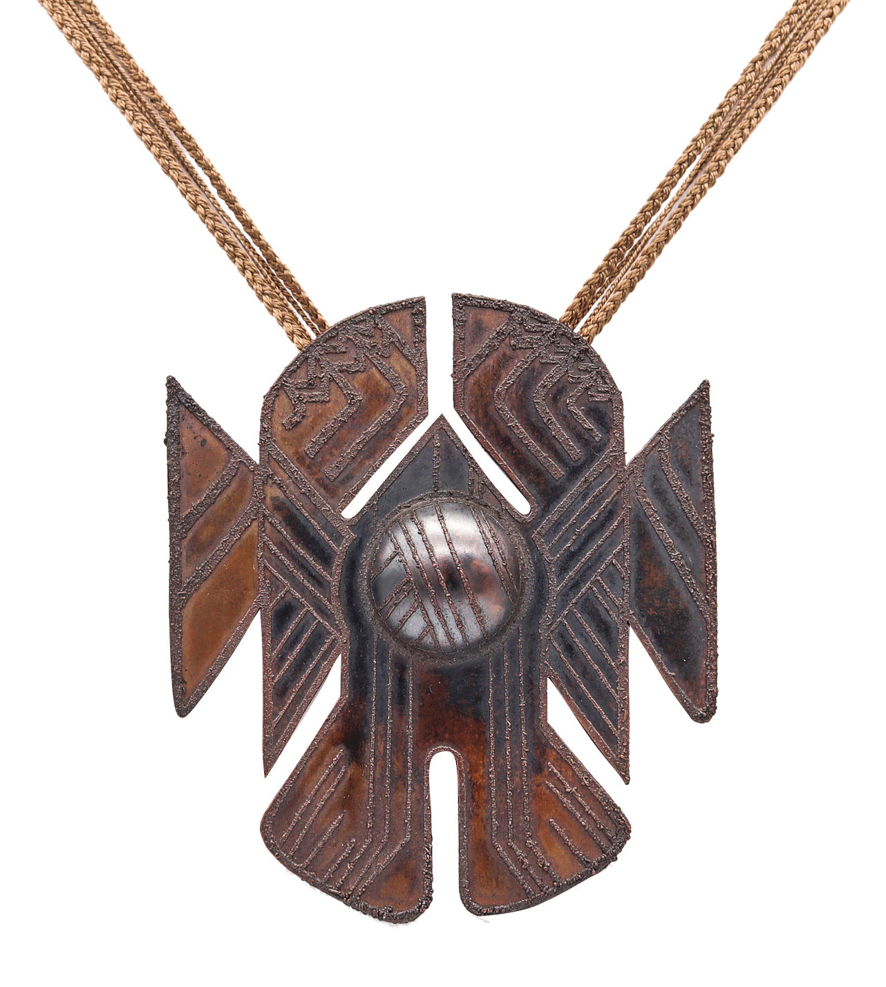 Thomas Gentille 1970 Rare Sculptural Ethnics Necklace In Copper And Silk