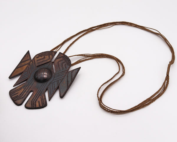 Thomas Gentille 1970 Rare Sculptural Ethnics Necklace In Copper And Silk